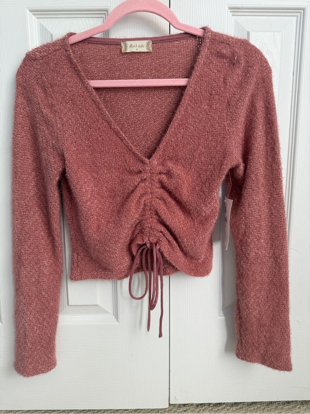Altar'd State Dusty Rose Drawstring V-Neck Cropped Sweater